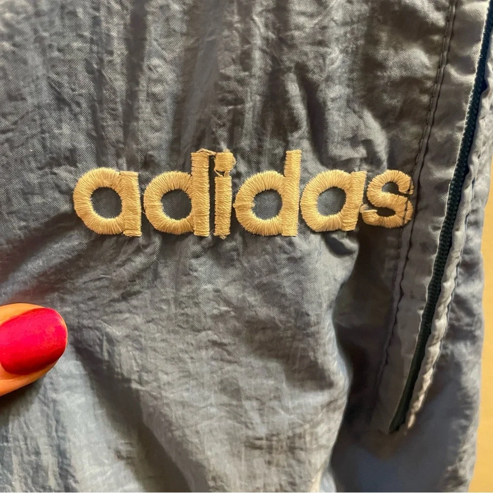 Vintage 90s Adidas Nylon Blue Men's Track Pants with All Countries Flag Tag - L